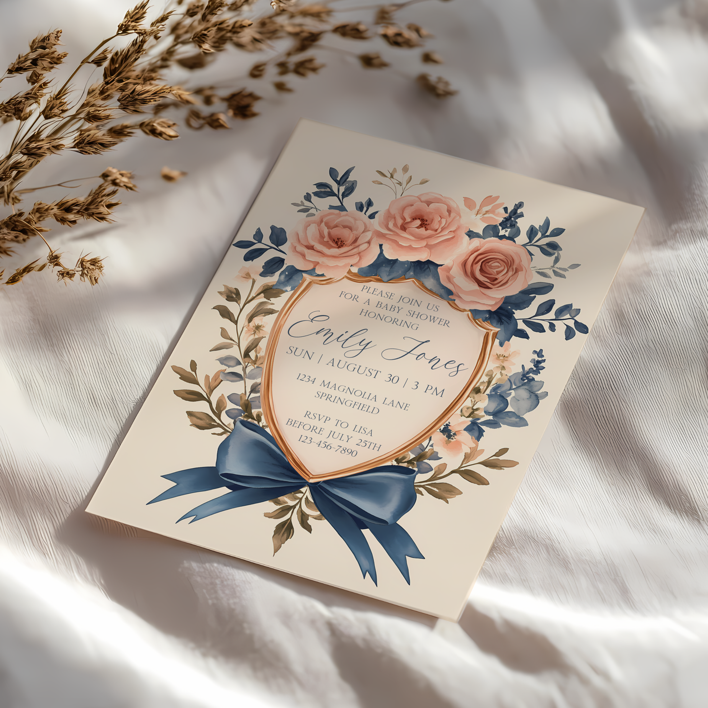 Baby Shower Invitation - Vintage Shield Floral Crest Storybook Fairytale BS134