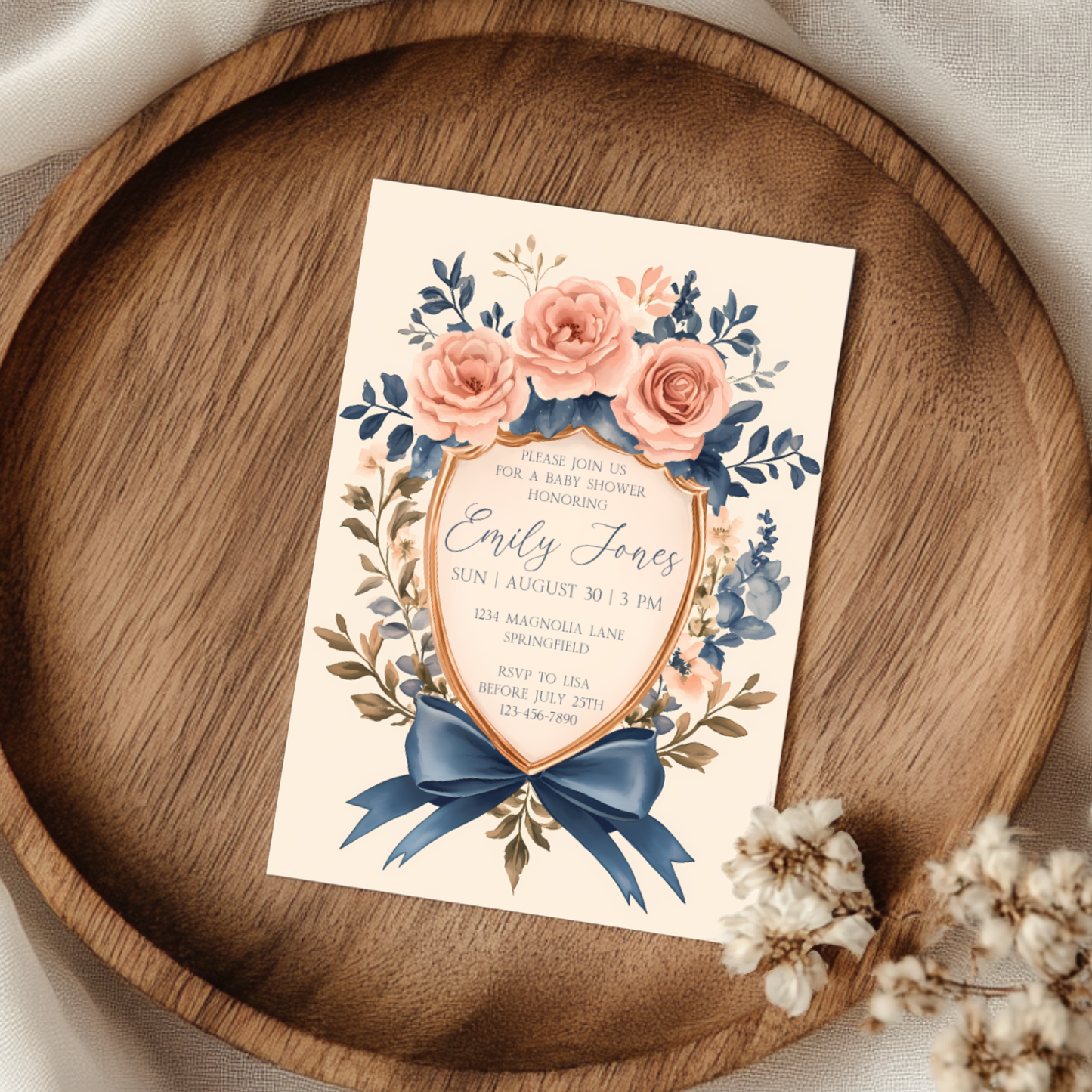 Baby Shower Invitation - Vintage Shield Floral Crest Storybook Fairytale BS134