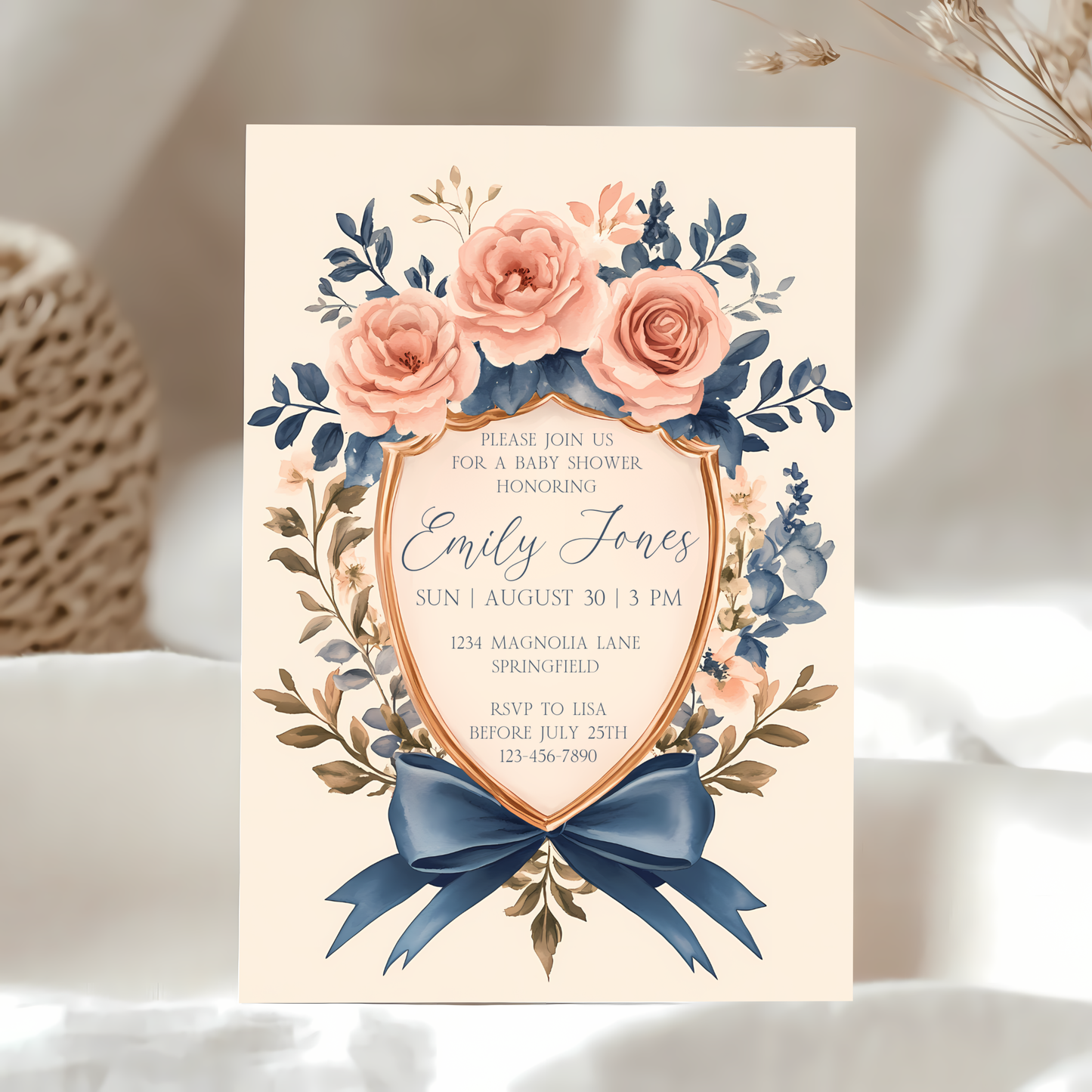 Baby Shower Invitation - Vintage Shield Floral Crest Storybook Fairytale BS134