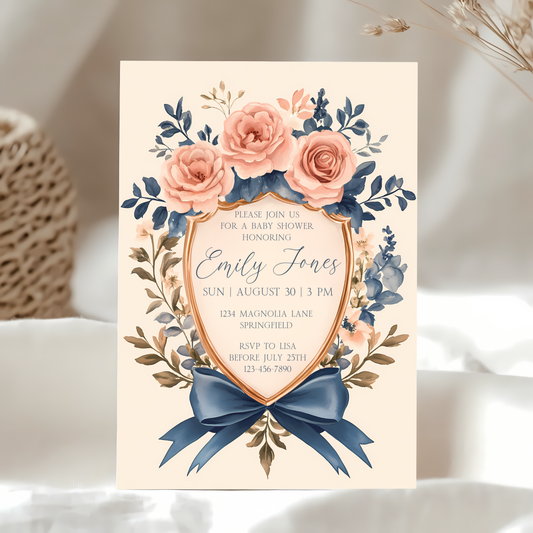 Baby Shower Invitation - Vintage Shield Floral Crest Storybook Fairytale BS134