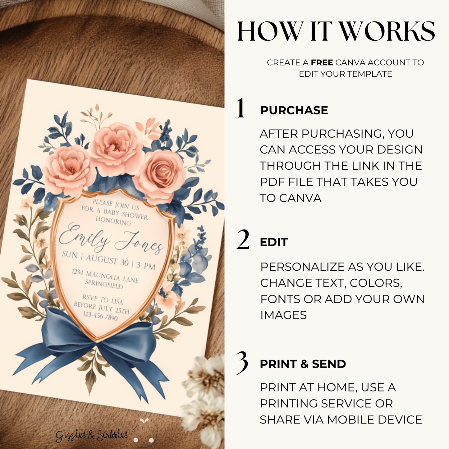 Baby Shower Invitation - Vintage Shield Floral Crest Storybook Fairytale BS134