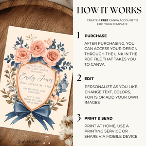 Baby Shower Invitation - Vintage Shield Floral Crest Storybook Fairytale BS134