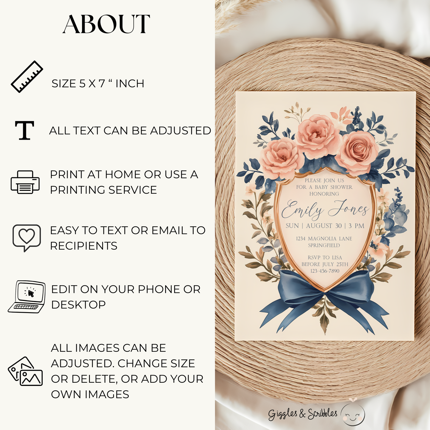 Baby Shower Invitation - Vintage Shield Floral Crest Storybook Fairytale BS134