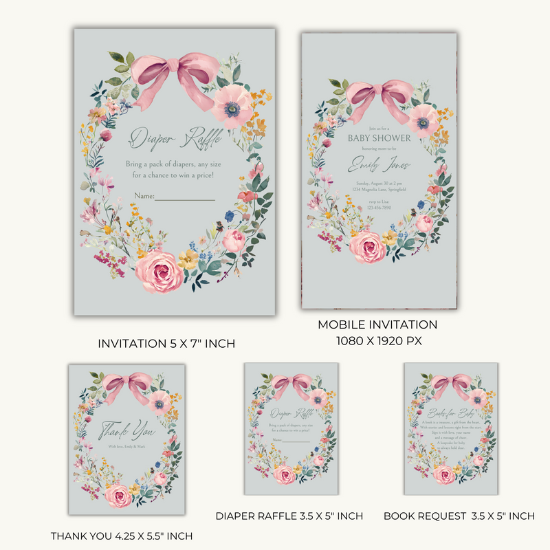 Baby Shower Invitation Bundle - Baby In Bloom Sage Green Hand Drawn Vintage Florals BS71