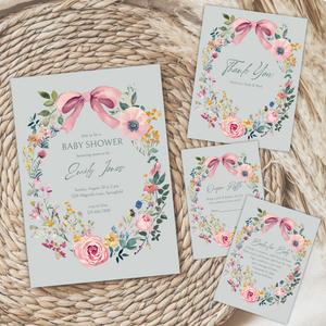Baby Shower Invitation Bundle - Baby In Bloom Sage Green Hand Drawn Vintage Florals BS71
