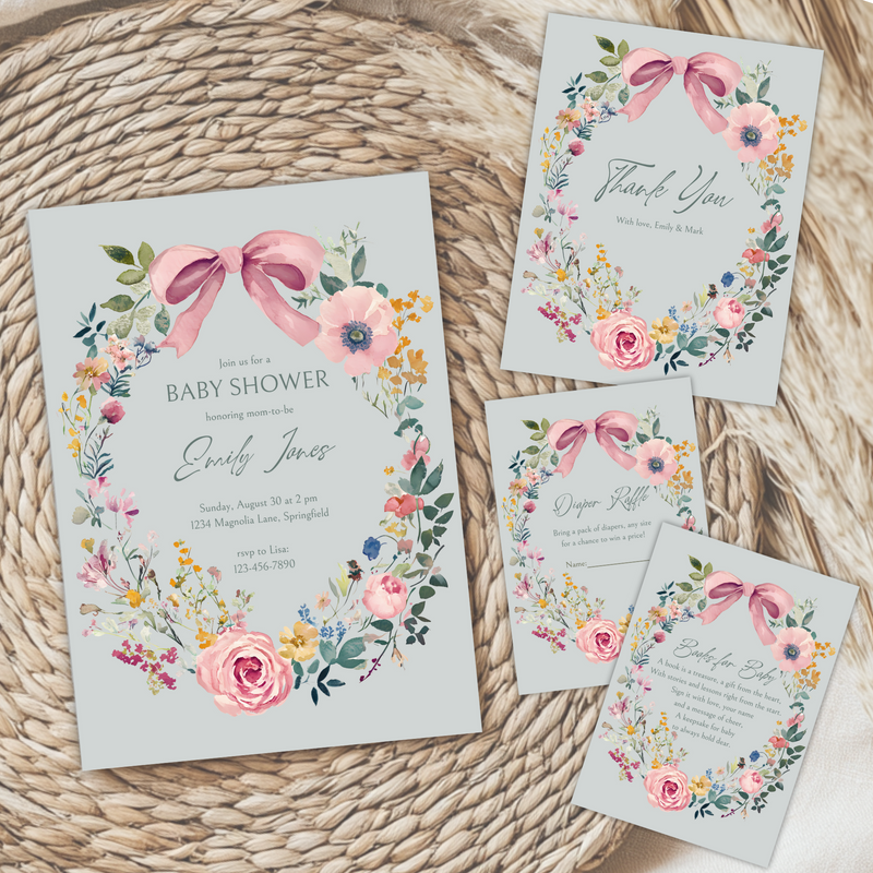 Baby Shower Invitation Bundle - Baby In Bloom Sage Green Hand Drawn Vintage Florals BS71