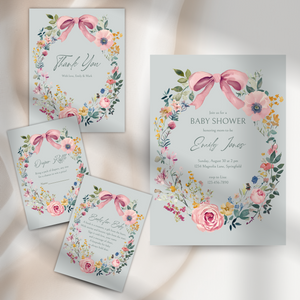 Baby Shower Invitation Bundle - Baby In Bloom Sage Green Hand Drawn Vintage Florals BS71