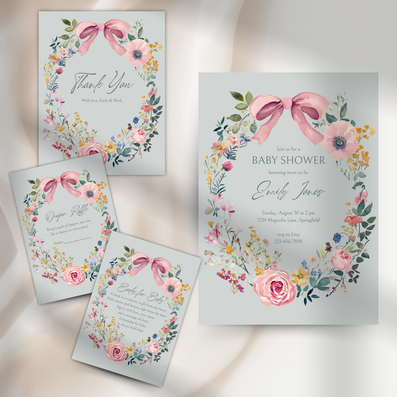 Baby Shower Invitation Bundle - Baby In Bloom Sage Green Hand Drawn Vintage Florals BS71