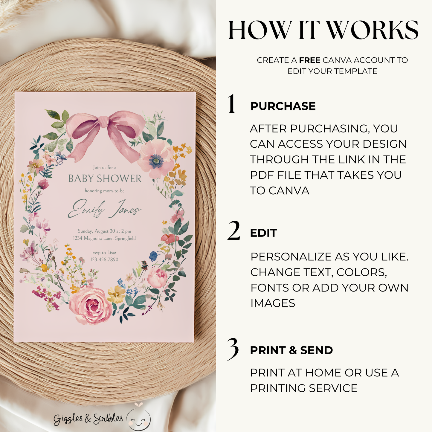 Baby Shower Invitation Bundle - Vintage Floral Baby In Bloom Pink Bow BS71