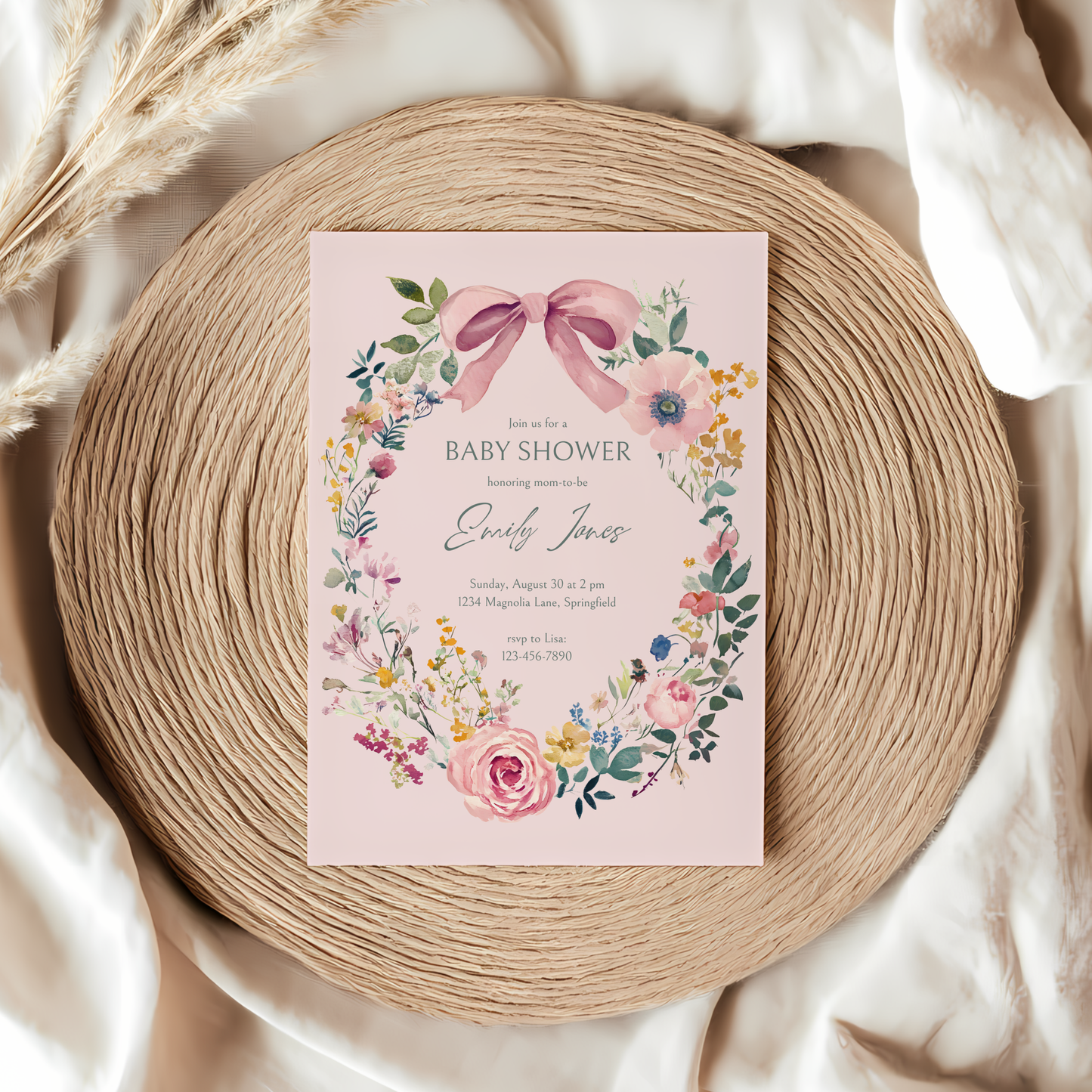 Baby Shower Invitation Bundle - Vintage Floral Baby In Bloom Pink Bow BS71