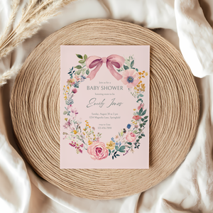 Baby Shower Invitation Bundle - Vintage Floral Baby In Bloom Pink Bow BS71