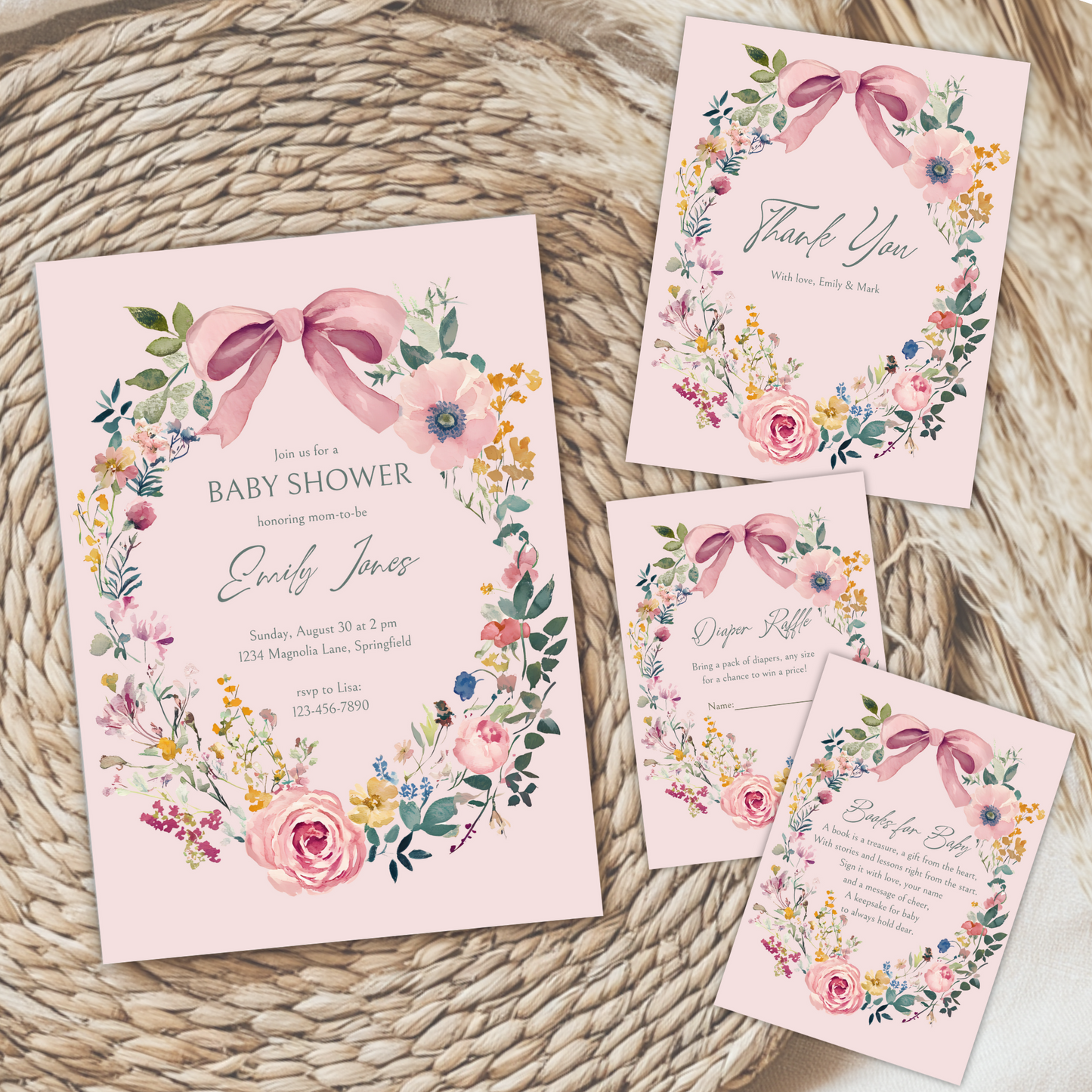 Baby Shower Invitation Bundle - Vintage Floral Baby In Bloom Pink Bow BS71