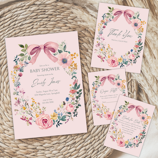 Baby Shower Invitation Bundle - Vintage Floral Baby In Bloom Pink Bow BS71