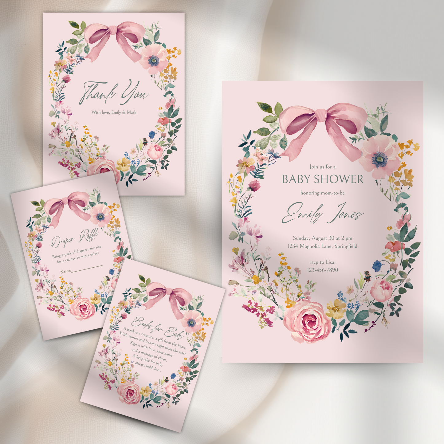 Baby Shower Invitation Bundle - Vintage Floral Baby In Bloom Pink Bow BS71