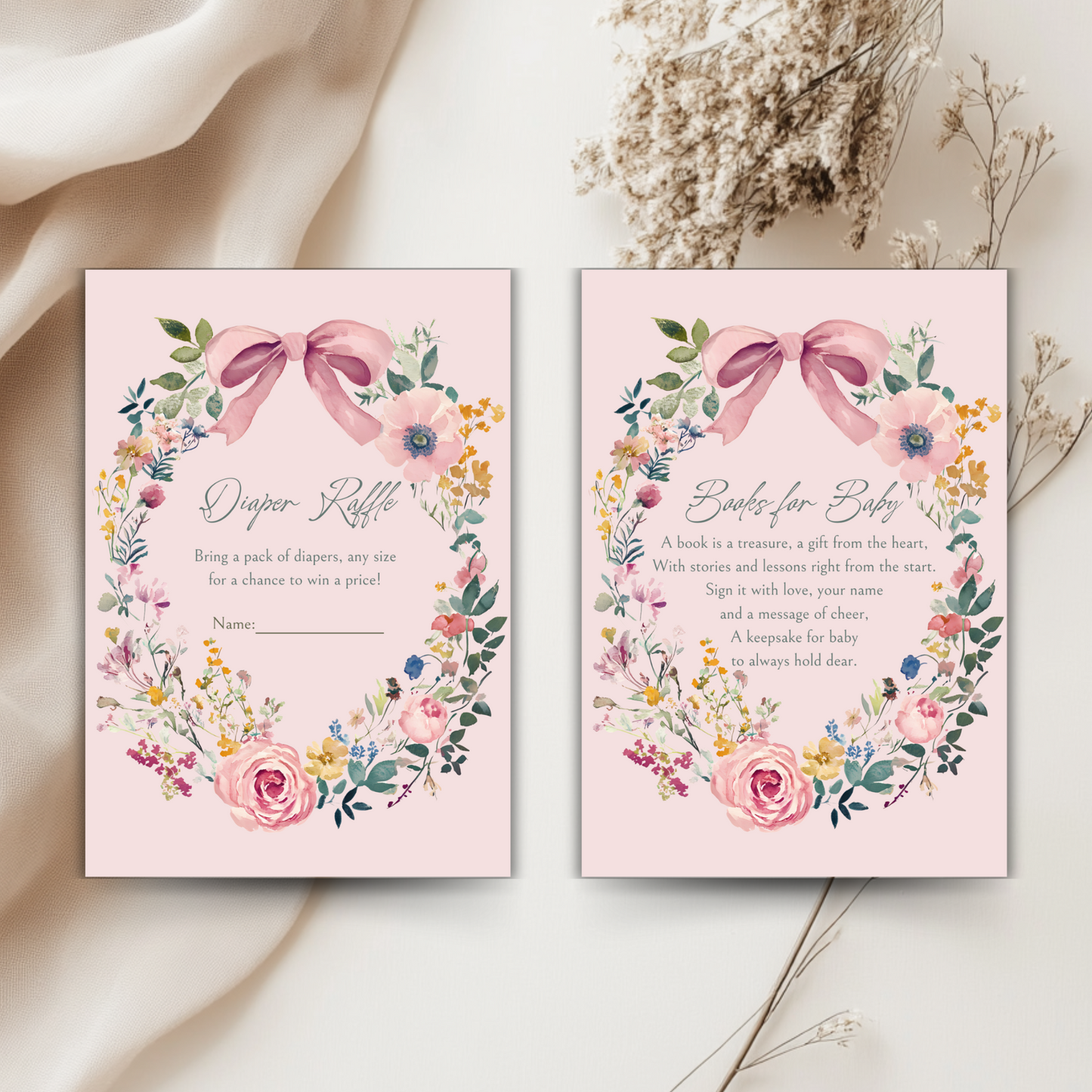 Baby Shower Invitation Bundle - Vintage Floral Baby In Bloom Pink Bow BS71