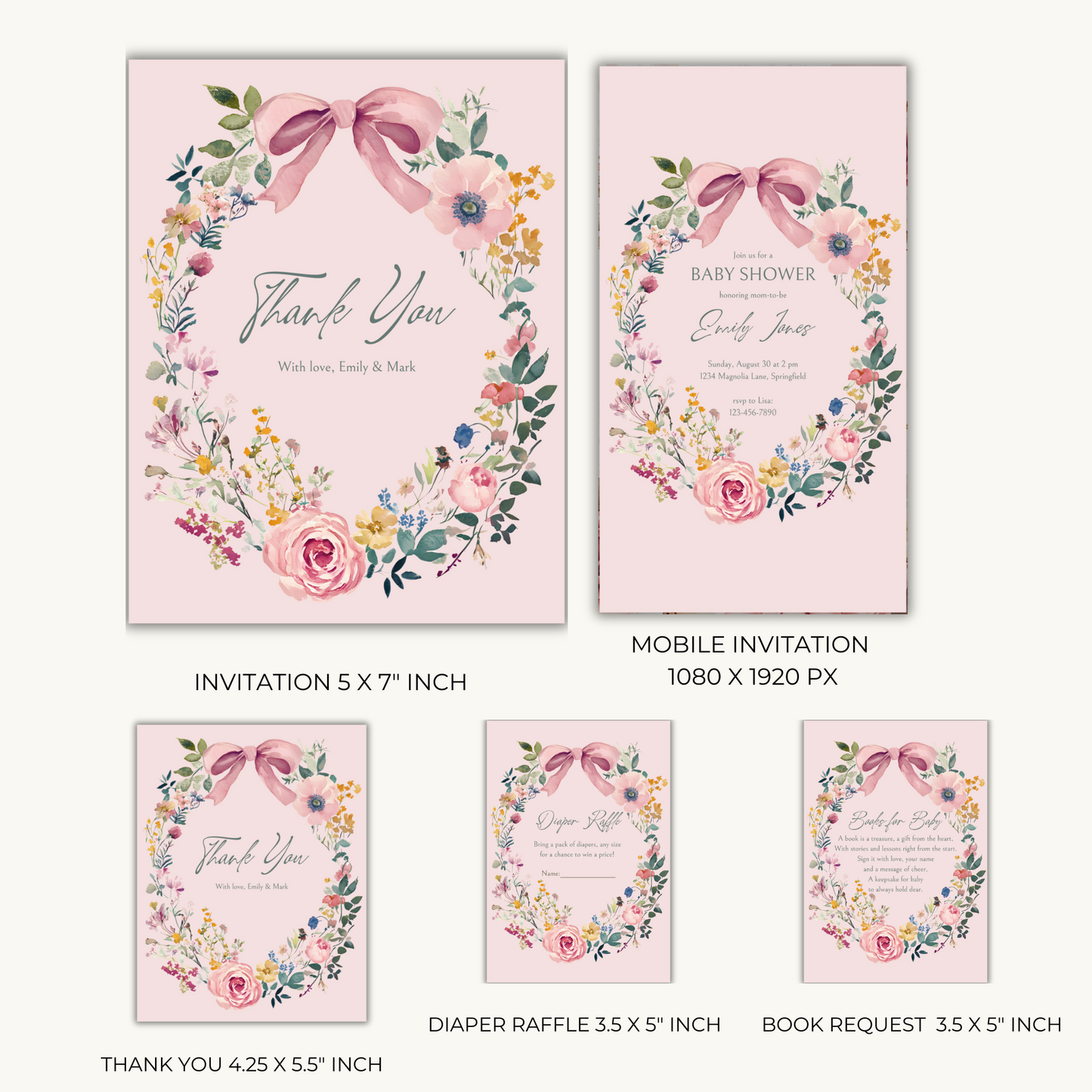 Baby Shower Invitation Bundle - Vintage Floral Baby In Bloom Pink Bow BS71