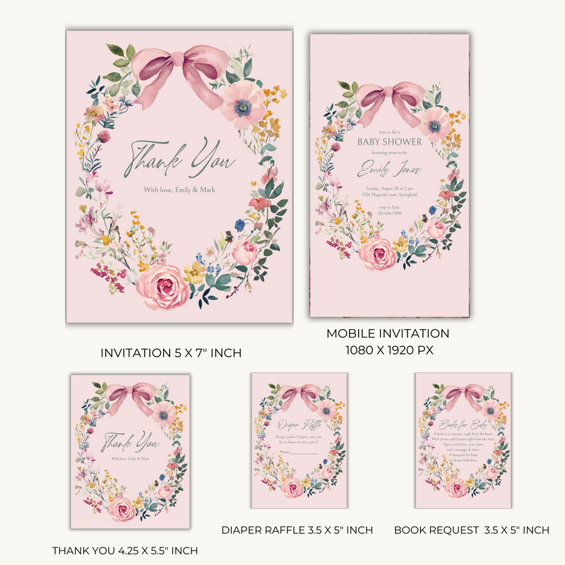 Baby Shower Invitation Bundle - Vintage Floral Baby In Bloom Pink Bow BS71