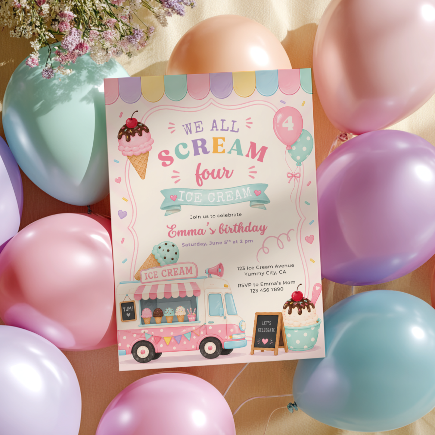 We All Scream Four Ice Cream 4th Birthday Invitation L139
