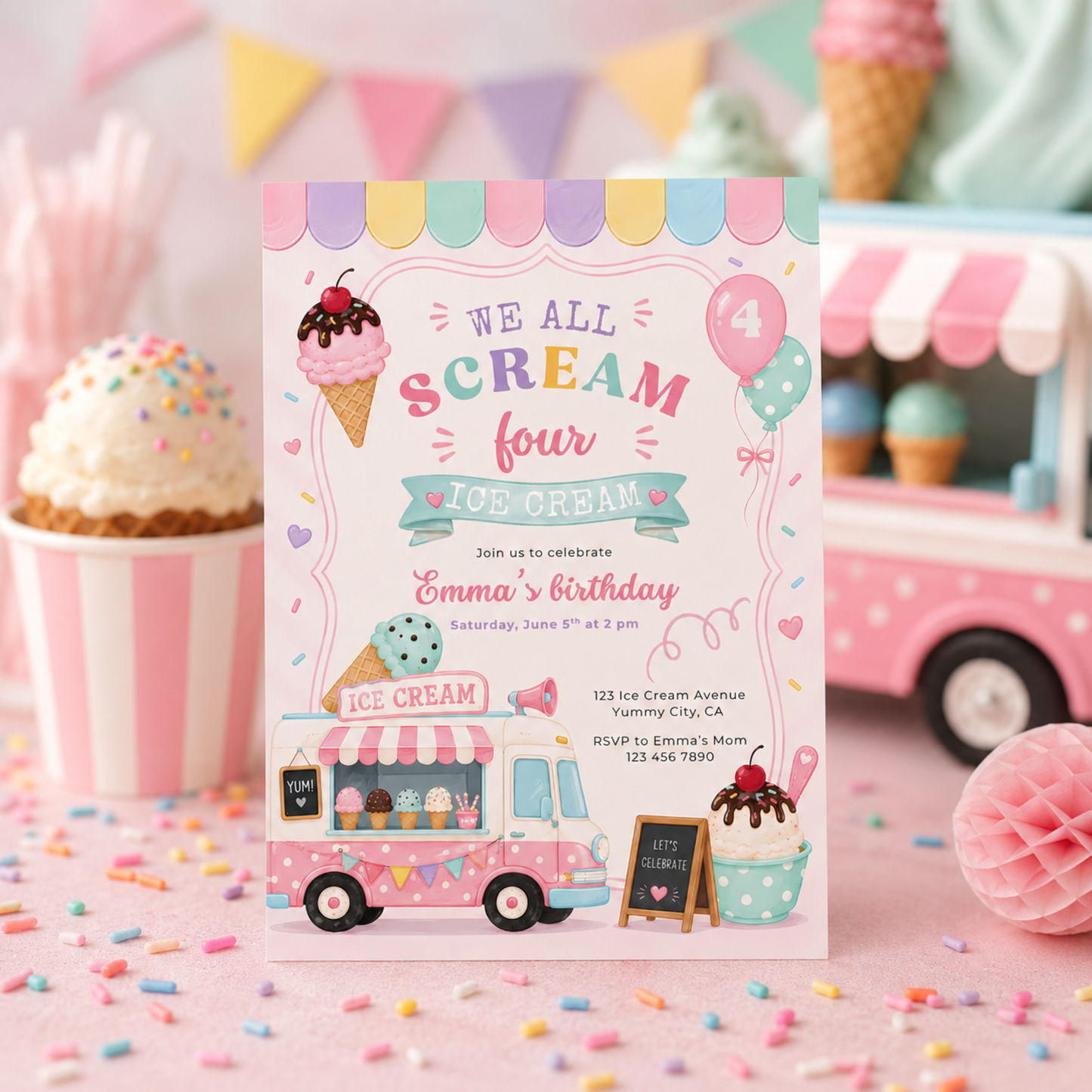 We All Scream Four Ice Cream 4th Birthday Invitation L139