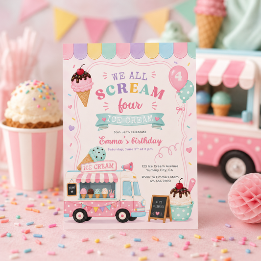 We All Scream Four Ice Cream 4th Birthday Invitation L139