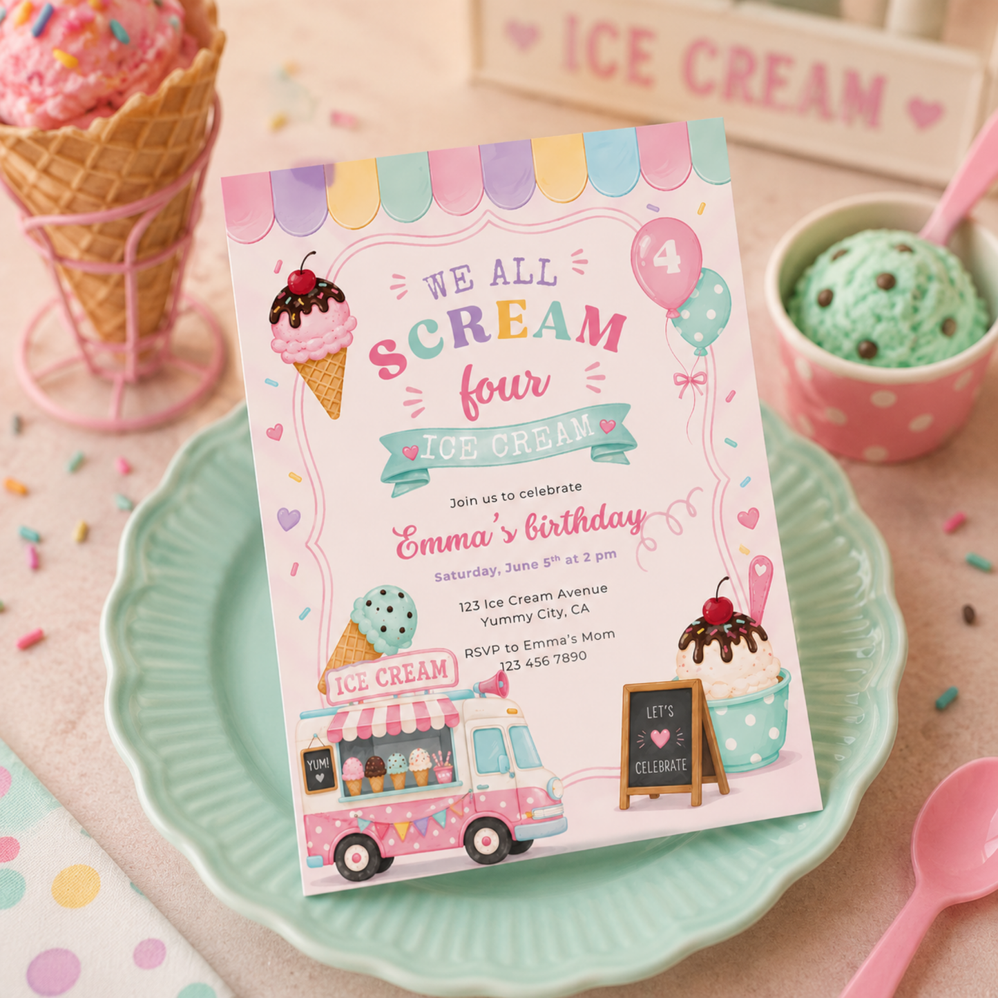 We All Scream Four Ice Cream 4th Birthday Invitation L139