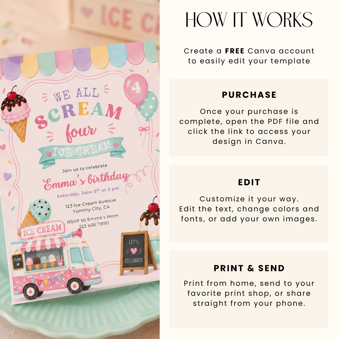 We All Scream Four Ice Cream 4th Birthday Invitation L139