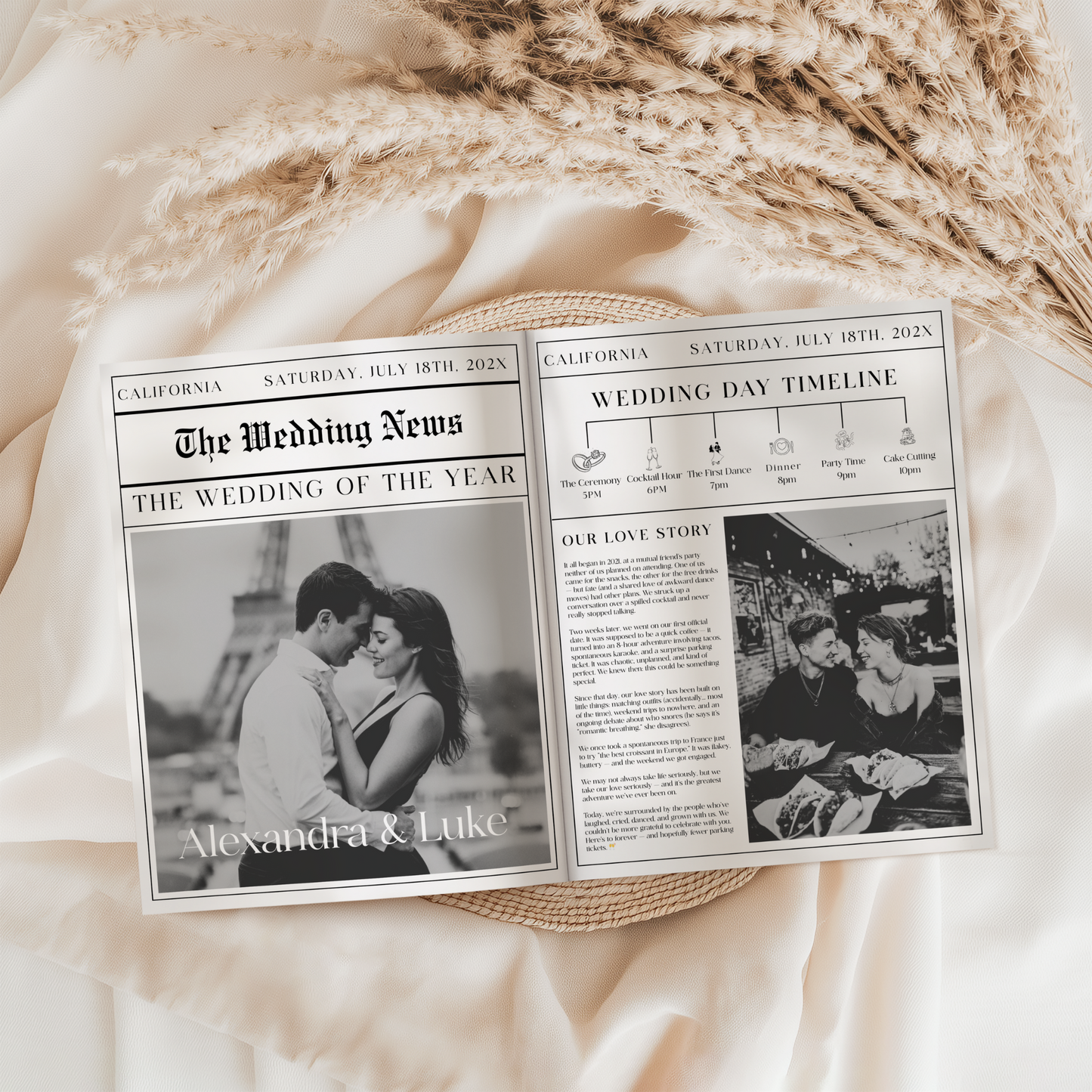 Editable Wedding Newspaper Template with Wedding Program Timeline L25