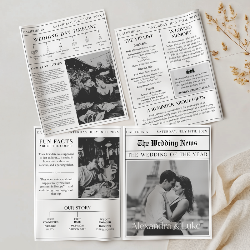 Editable Wedding Newspaper Template with Wedding Program Timeline L25