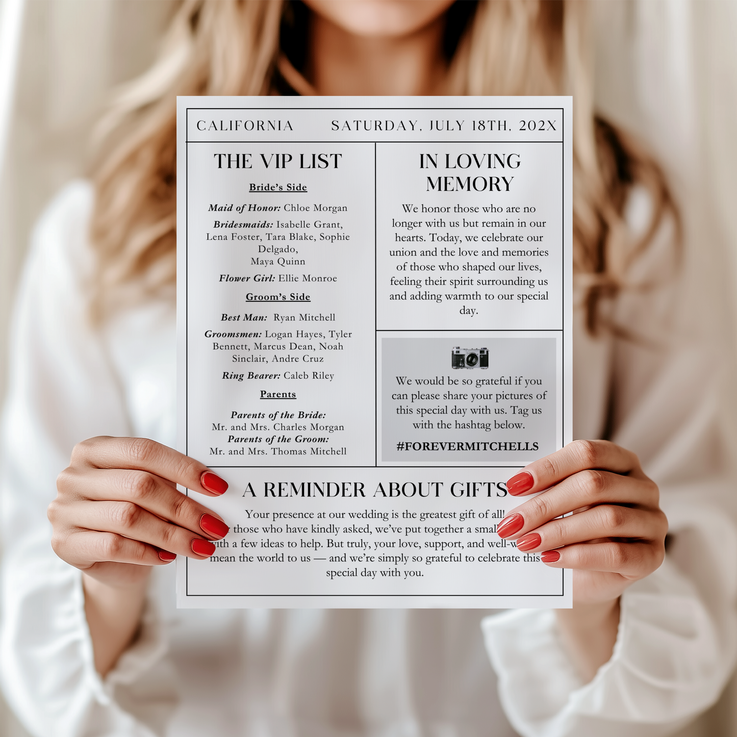 Editable Wedding Newspaper Template with Wedding Program Timeline L25