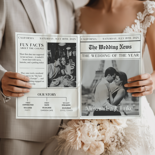 Editable Wedding Newspaper Template with Wedding Program Timeline L25