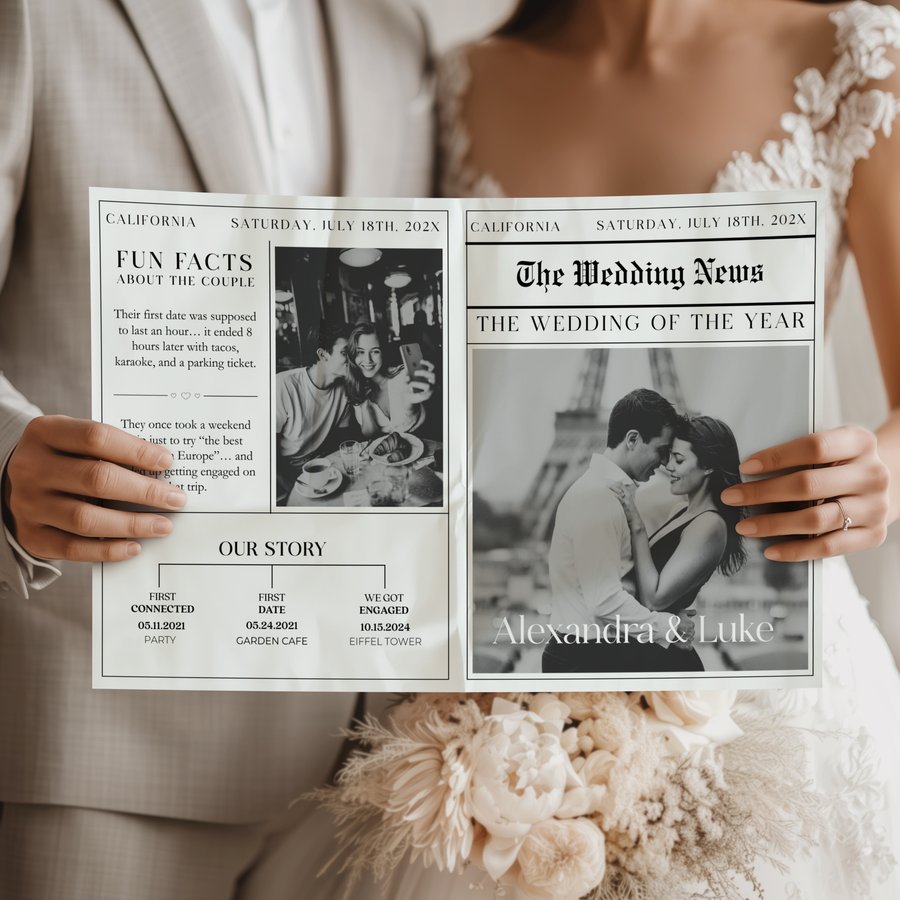 Editable Wedding Newspaper Template with Wedding Program Timeline L25