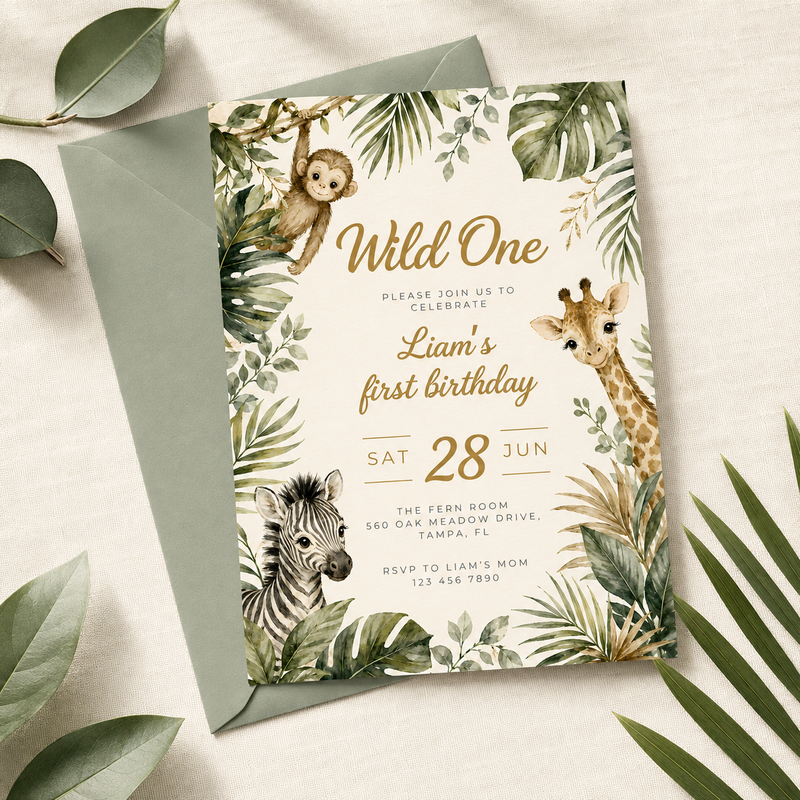 Wild One Safari First Birthday Invitation L160