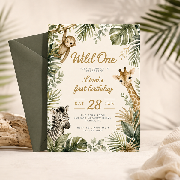 Wild One Safari First Birthday Invitation L160