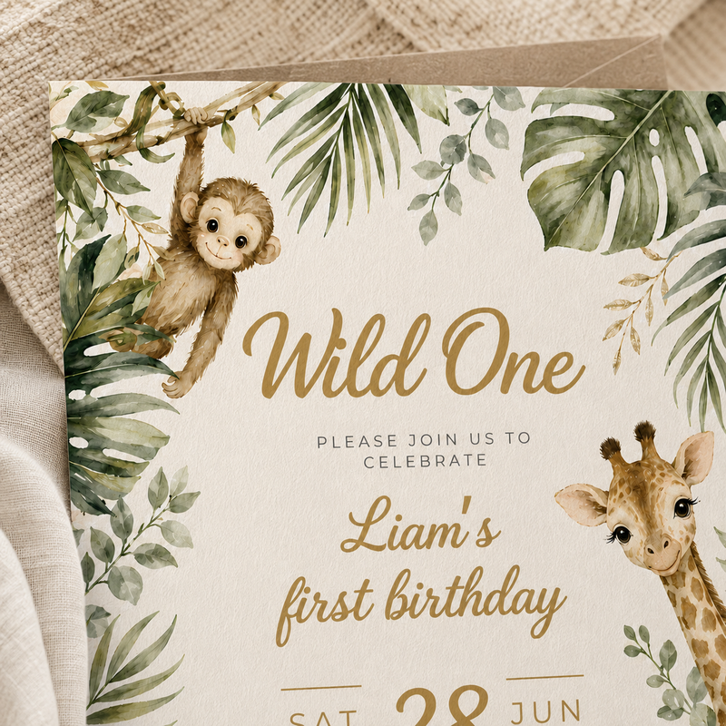 Wild One Safari First Birthday Invitation L160