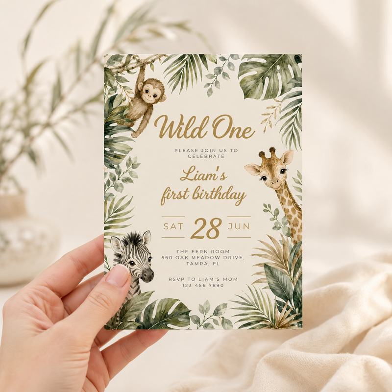 Wild One Safari First Birthday Invitation L160
