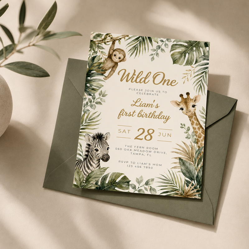 Wild One Safari First Birthday Invitation L160