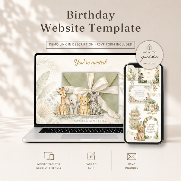 Wild One Safari First Birthday Website Invitation with RSVP Tracker L160