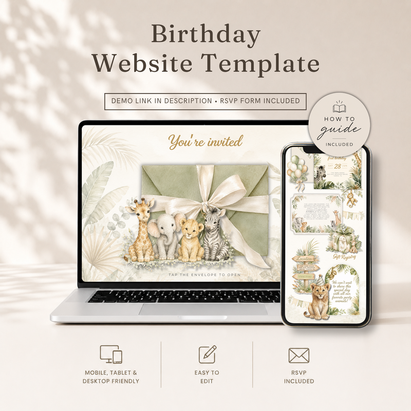 Wild One Safari First Birthday Website Invitation with RSVP Tracker L160