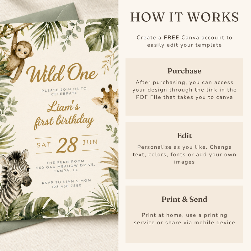Wild One Safari First Birthday Invitation L160