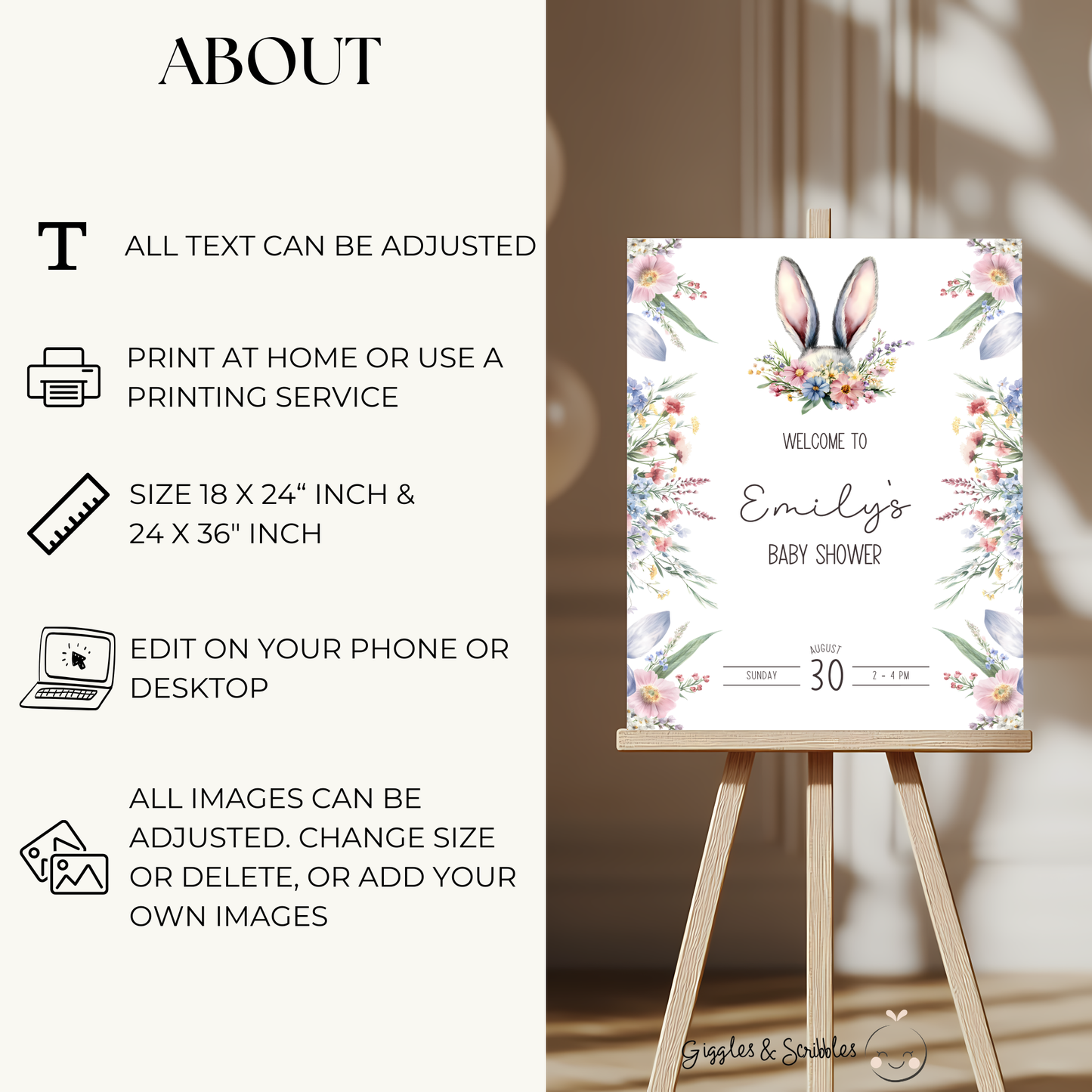 Baby Shower Welcome Sign - Wildflower Bunny Spring BS92