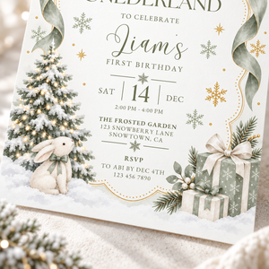 Sage Green Winter Onederland First Birthday Invitation L186