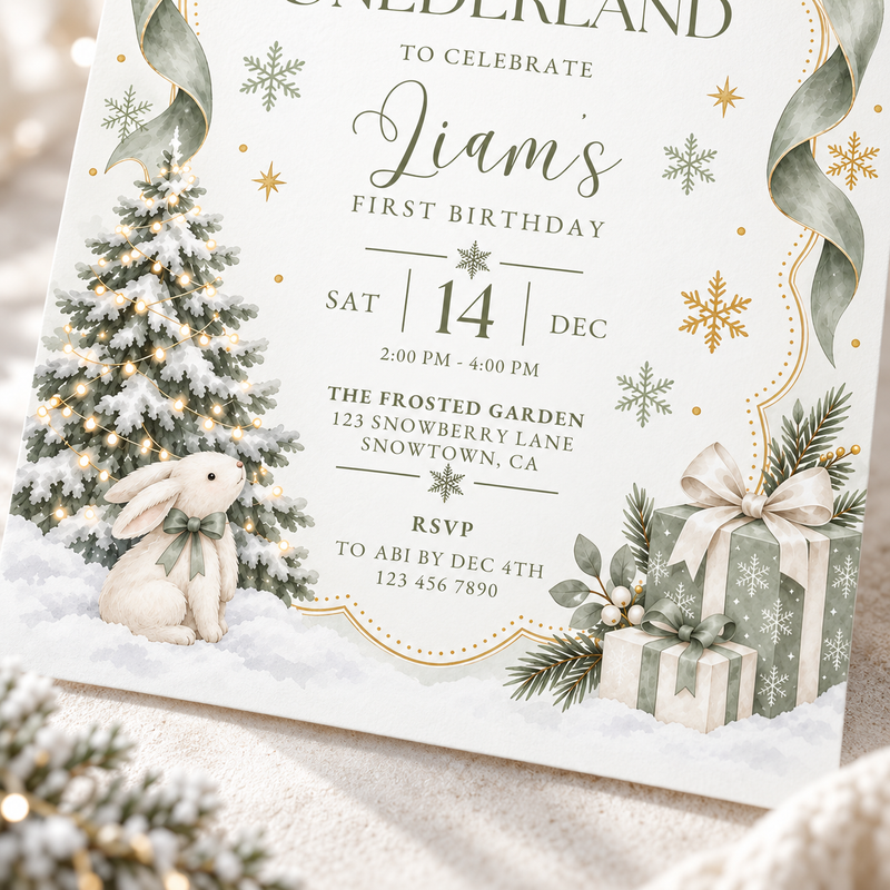 Sage Green Winter Onederland First Birthday Invitation L186