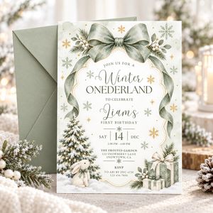 Sage Green Winter Onederland First Birthday Invitation L186