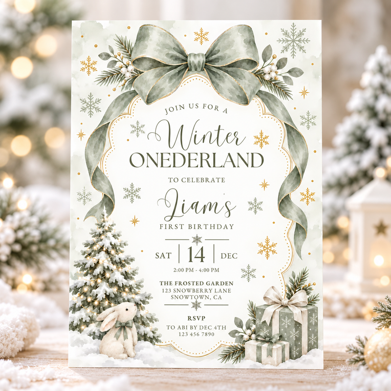 Sage Green Winter Onederland First Birthday Invitation L186