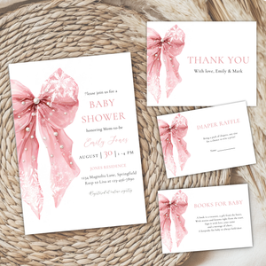 Pink Bow Snowflake Winter Baby Shower Invitation Bundle BS257