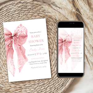 Pink Bow Snowflake Winter Baby Shower Invitation Bundle BS257