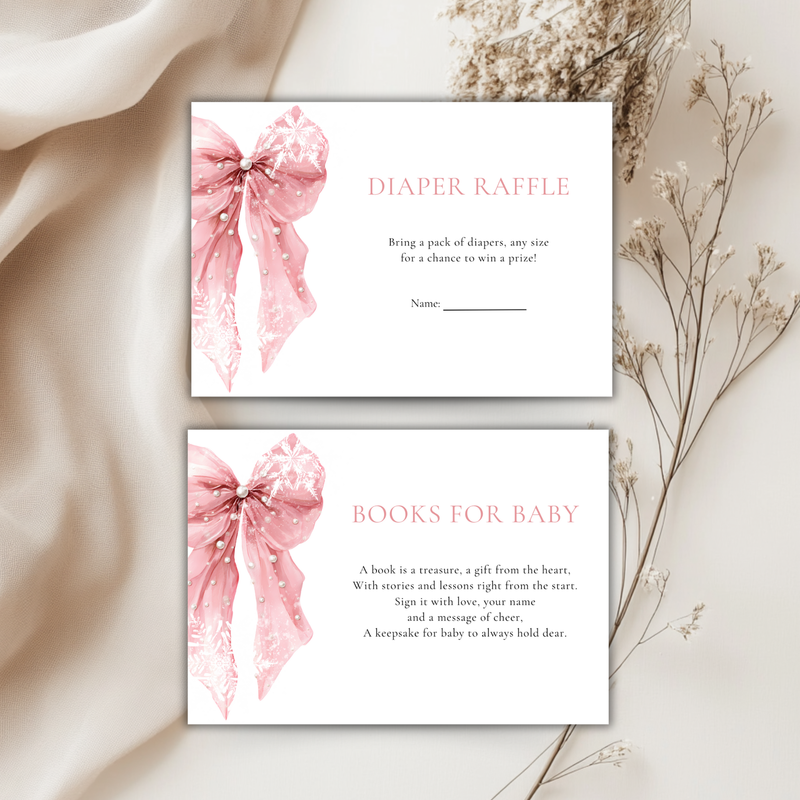 Pink Bow Snowflake Winter Baby Shower Invitation Bundle BS257