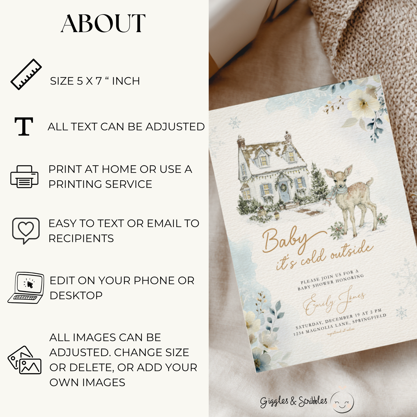 Winter Woodland Animal Baby Shower Invitation BS266