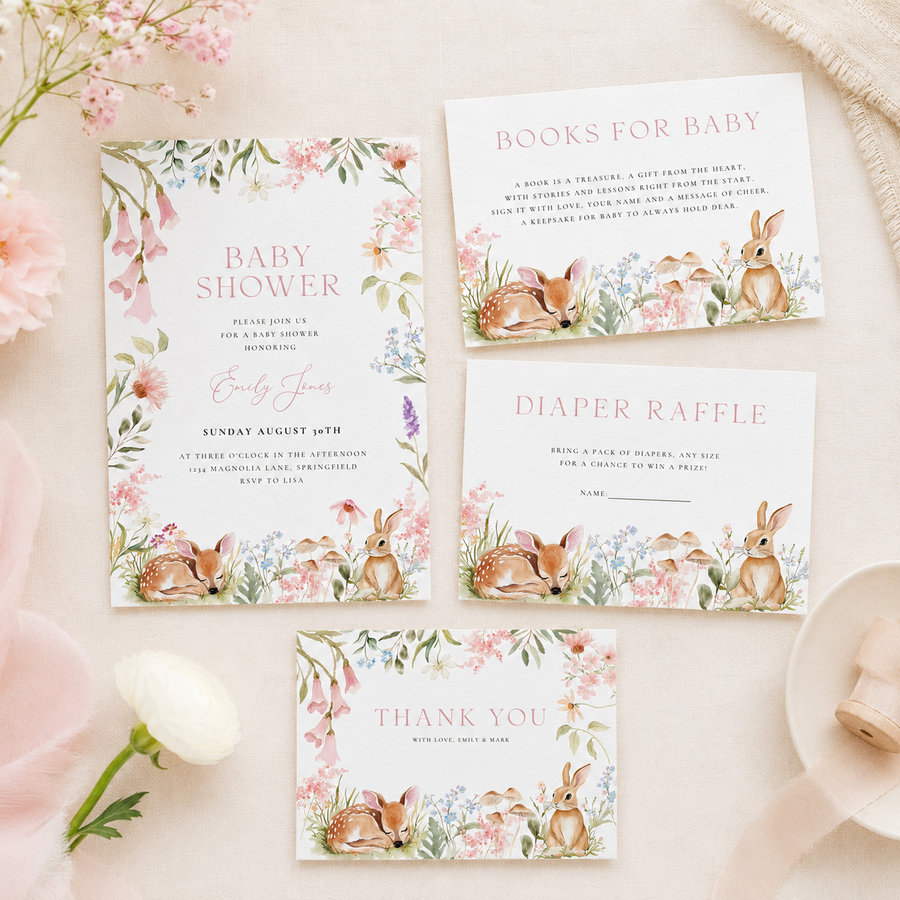 Floral Woodland Baby Shower Invitation Bundle - Bunny Deer Forest Animals BS188