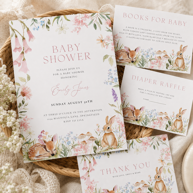 Floral Woodland Baby Shower Invitation Bundle - Bunny Deer Forest Animals BS188